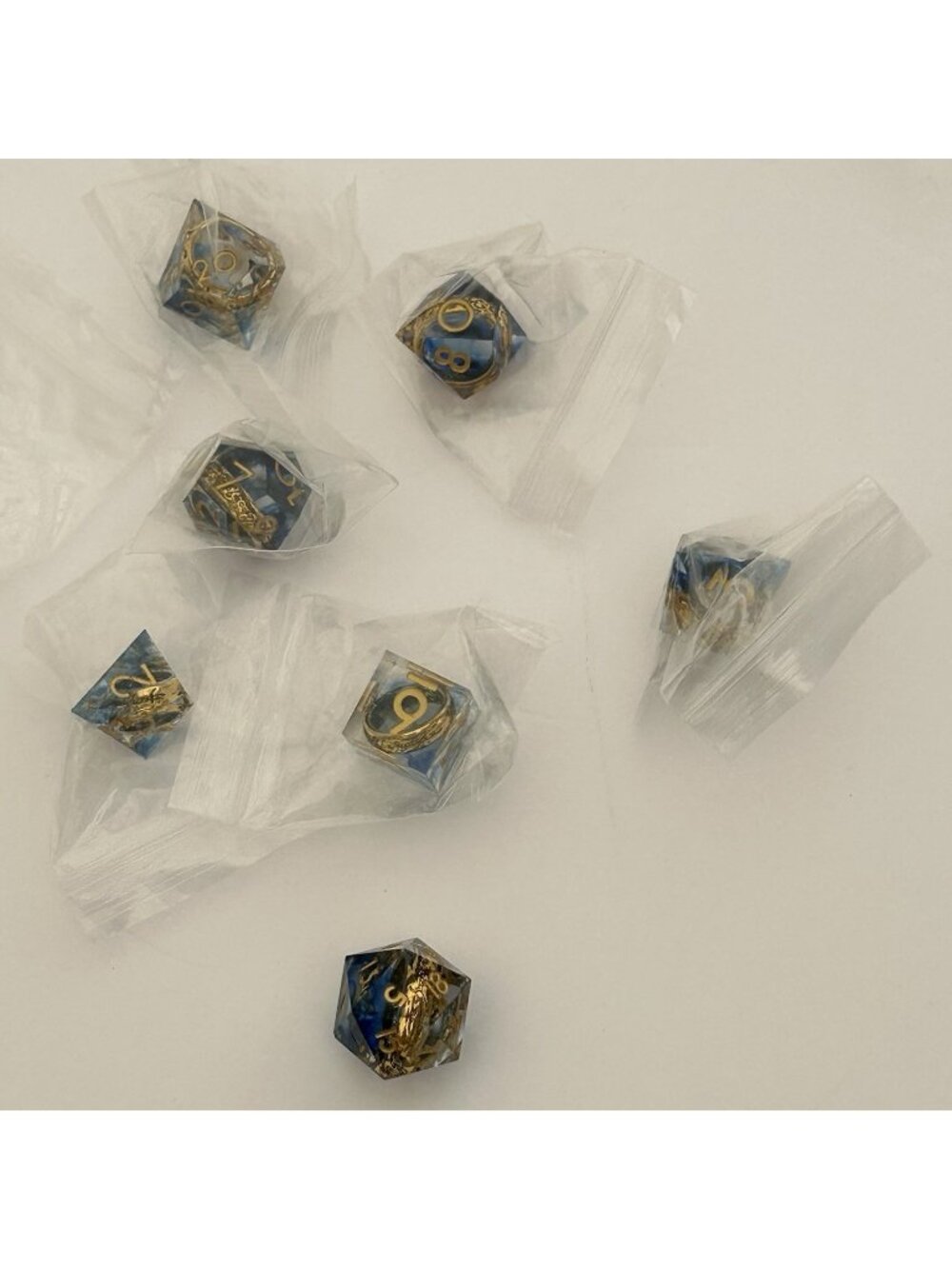 Set of 7 Resin One Ring Dice Set Dungeons & Dragons Goldtone Blue Sharp Edges